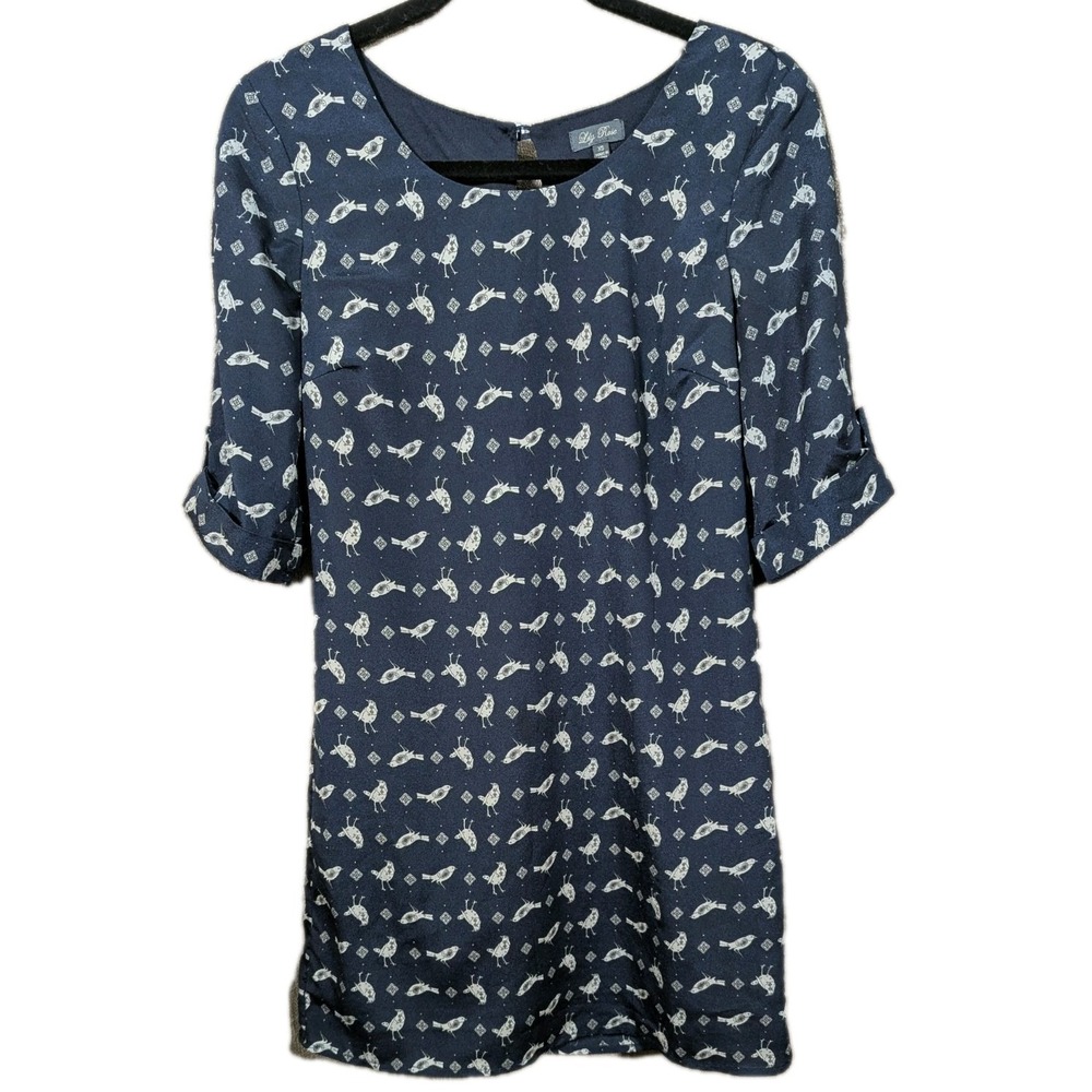 XS Women Navy Shift Dress Lily Rose Twee Bird & Paisley Print 3/4 Sleeve